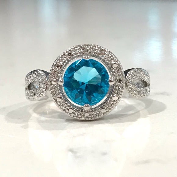 925 Silver Round Cut Aquamarine & White Topaz Ring - Picture 3 of 11